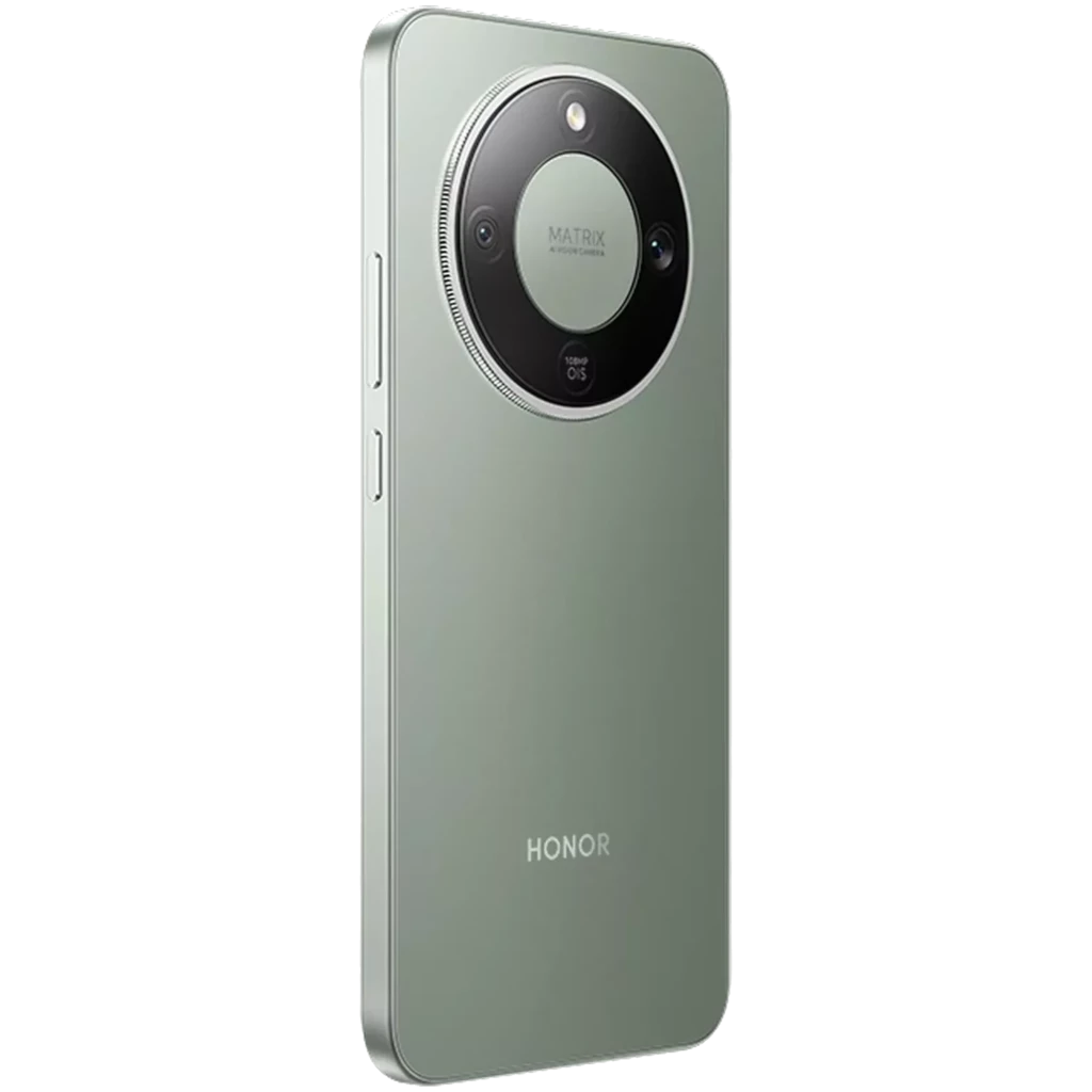 Honor Magic8 Lite 5G verde com ecrã 6,79 pol, moldura fina prateada e câmara frontal central em furo; design elegante e bordas arredondadas