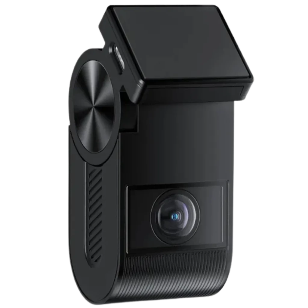 Cámara dash compacta en negro con lente 2K HDR frontal, cuerpo vertical con textura, botón lateral metálico, módulo superior plano y ranura para MicroSD 32