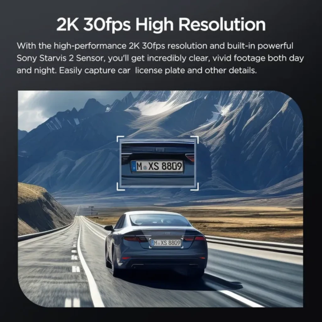Pantalla promocional de VIOFO VS1 Mini 2K HDR mostrando auto en carretera montañosa y zoom de matrícula, destacando resolución 2K 30fps y sensor Sony