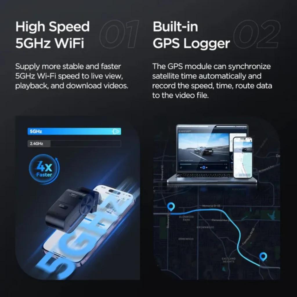 VIOFO VS1 Mini 2K HDR: dashcam compacta con Wi‑Fi 5 GHz, GPS integrado, control por voz y tarjeta MicroSD 32 GB; interfaz clara y mapa de ruta en pantalla