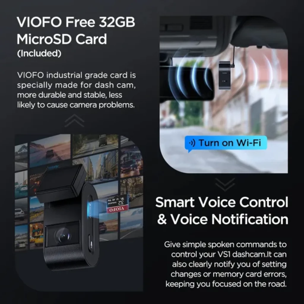 VIOFO VS1 Mini 2K HDR compacta con control por voz, Wi-Fi 5 GHz y GPS; incluye tarjeta MicroSD 32 GB. Diseño discreto, montaje tras espejo retrovisor.