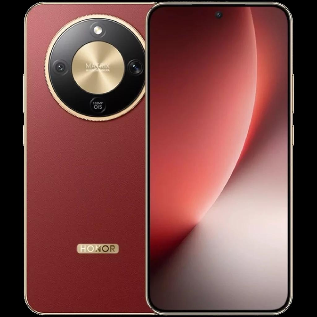 Honor Magic8 Lite 5G em Reddish Brown, traseira em couro sintético com moldura dourada, módulo circular de câmara 108 MP e ecrã frontal amplo de 6,79 pol