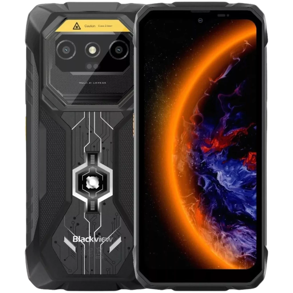 Smartphone rugged negro Blackview Rock 1 Pro con trasera reforzada, cámara dual con lector de códigos, pantalla sin bordes marcados y diseño robusto