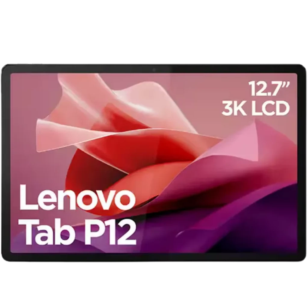 Tablet Lenovo Tab P12 gris con pantalla 12.7 pulgadas 3K LCD, biseles delgados y diseño estilizado, ideal para multimedia y productividad portátil