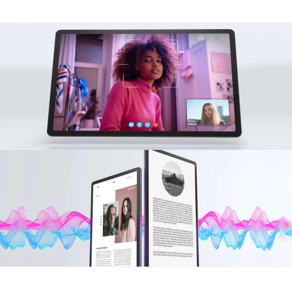 Tablet Lenovo Tab P12 gris con pantalla 12.7 pulgadas, marcos finos, cámara frontal para videollamadas; interfaz Android con multitarea en pantalla dividida
