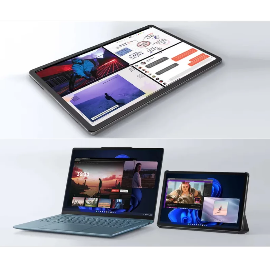 Tableta Lenovo Tab P12 gris de 12.7 pulgadas, diseño delgado con biseles finos, pantalla grande para multitarea y soporte en orientación horizontal