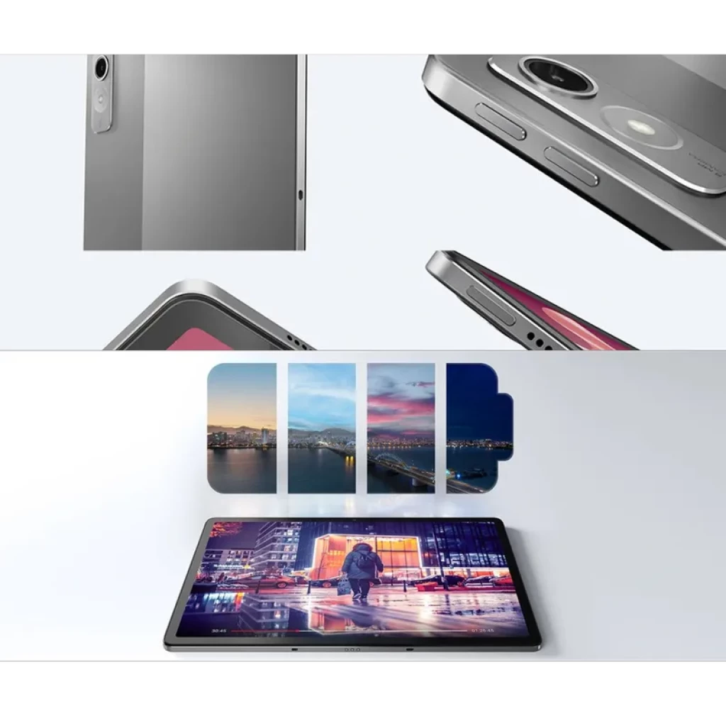Tablet Lenovo Tab P12 gris con pantalla 12.7, bordes finos, cámara trasera con flash y botones laterales; diseño metálico y batería de larga duración