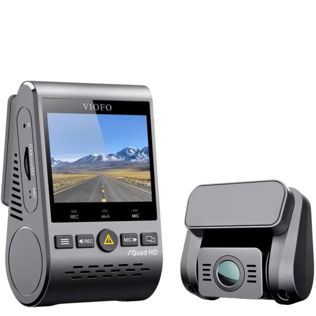 VIOFO A129 Plus Duo 2K Full HD, dashcam dual con pantalla LCD de 2 pulgadas, cámara frontal y trasera compactas, botones físicos y diseño en color gris