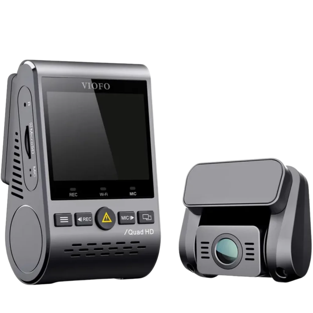 VIOFO A129 Plus Duo 2K Full HD, dashcam dual con pantalla LCD 2 pulgadas, cámara frontal y trasera compactas, botones físicos y diseño gris mate elegante