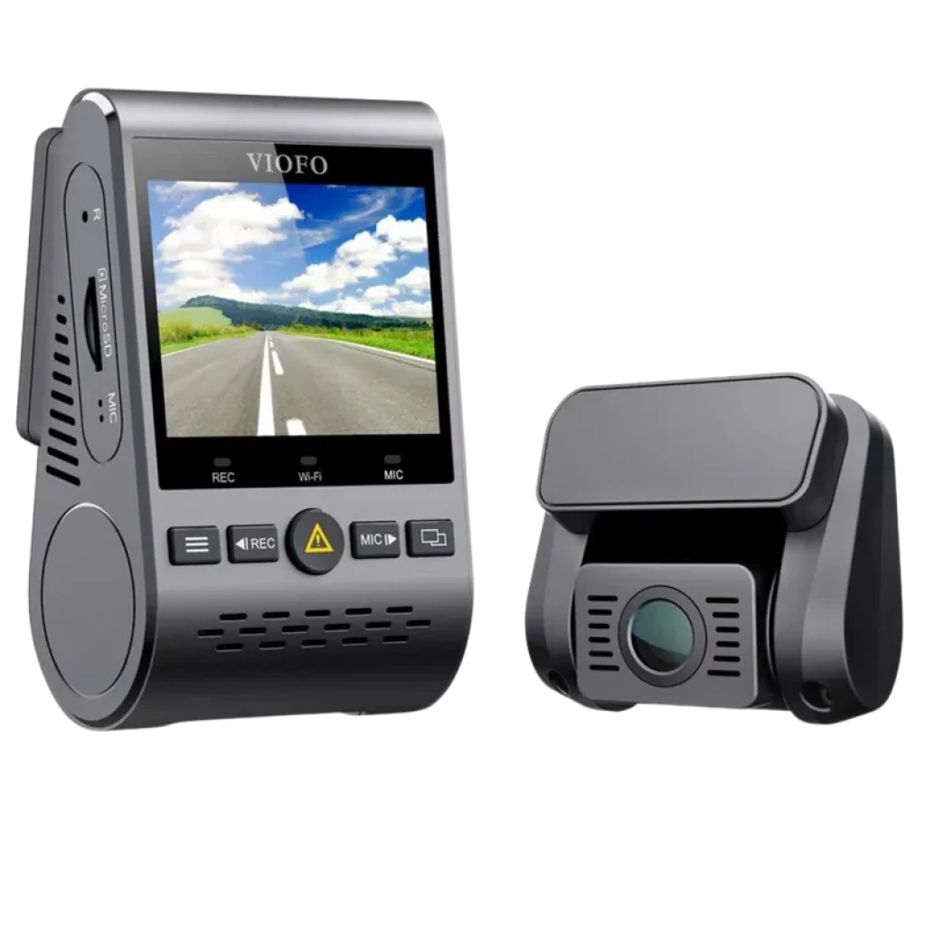 VIOFO A129 Pro Duo 4K UHD con cámara frontal y trasera, pantalla LCD, Wi‑Fi, GPS integrado y botones físicos en cuerpo compacto gris