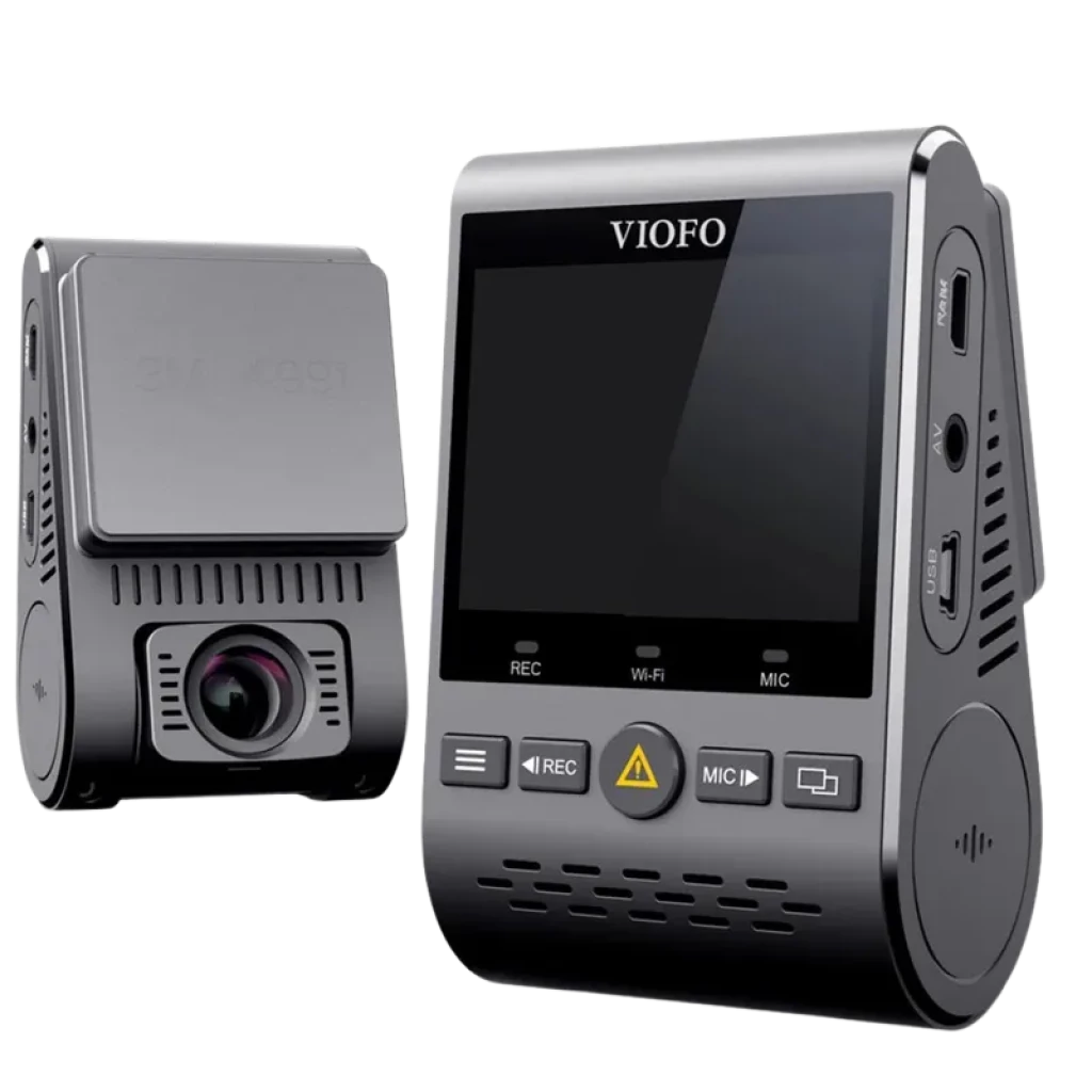 VIOFO A129 Pro Duo 4K UHD dashcam dual con módulo trasero, pantalla a color, botones frontales, puertos laterales, Wi‑Fi y GPS integrados en diseño compacto