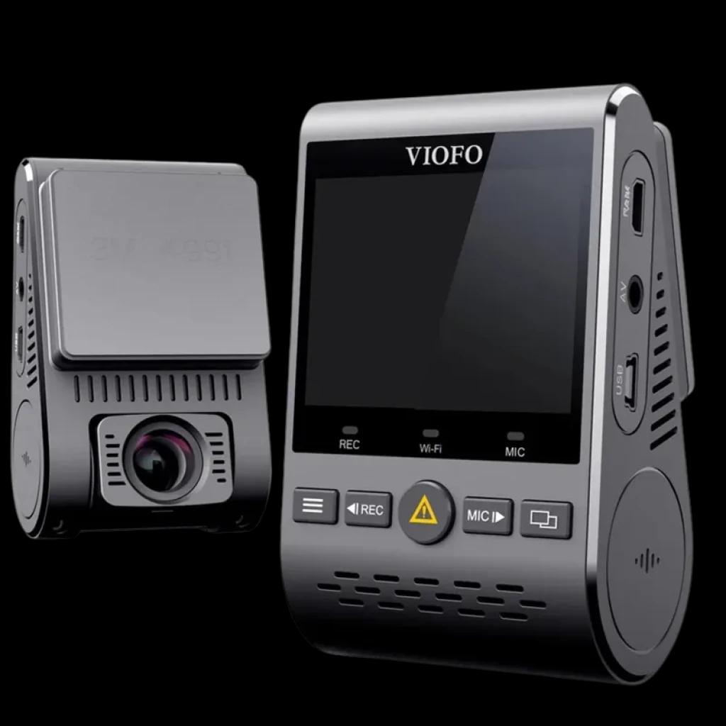 VIOFO A129 Pro Duo 4K UHD dashcam dual con módulo trasero, pantalla a color, botones frontales, puertos laterales, Wi‑Fi y GPS integrados en diseño compacto