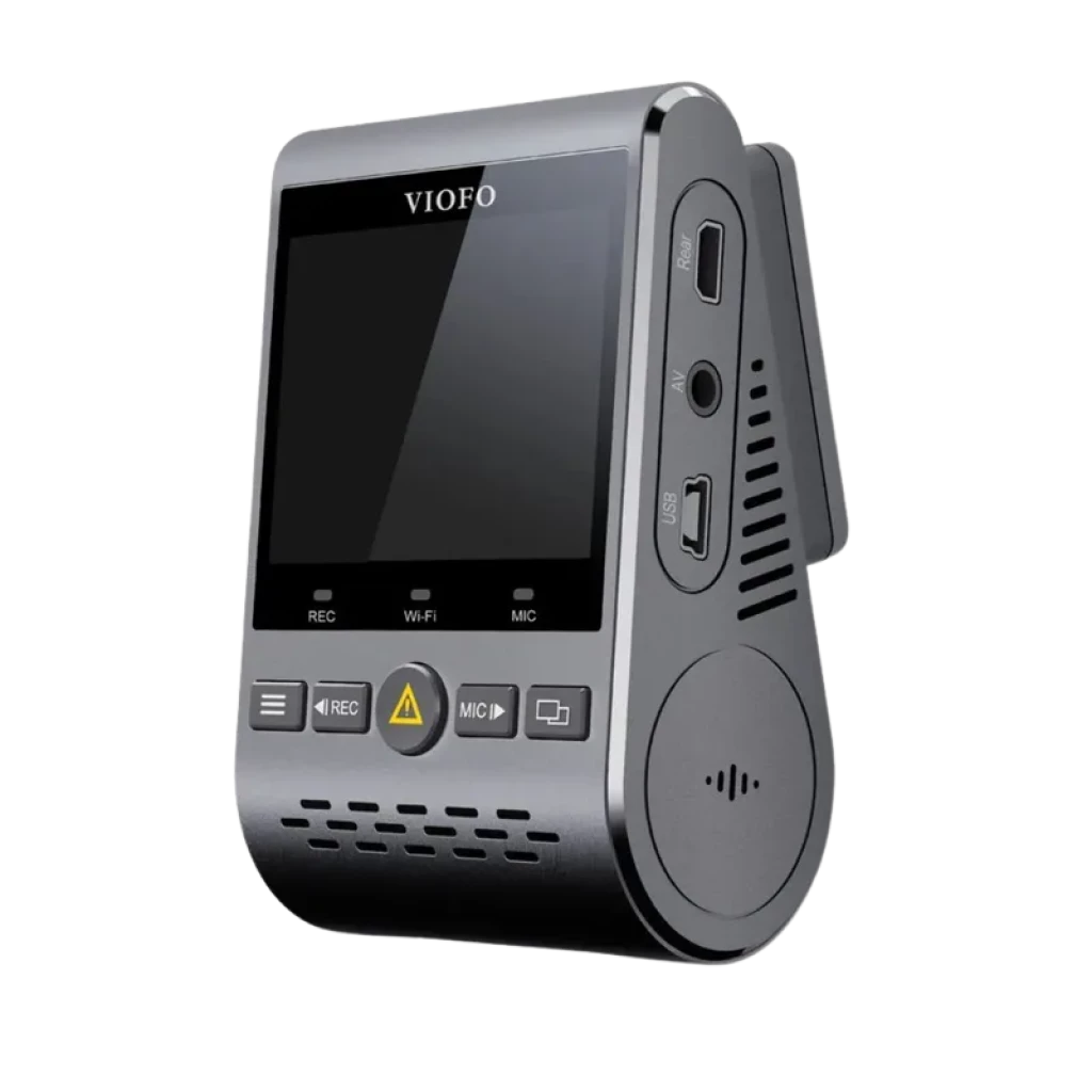 Dashcam VIOFO A129 Pro Duo 4K UHD con pantalla frontal, botones físicos, puertos USB y AV, micrófono, ventilación lateral y soporte adhesivo con GPS y