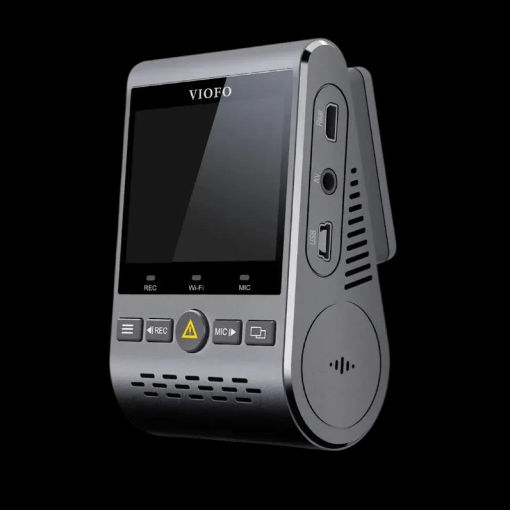 Dashcam VIOFO A129 Pro Duo 4K UHD con pantalla frontal, botones físicos, puertos USB y AV, micrófono, ventilación lateral y soporte adhesivo con GPS y