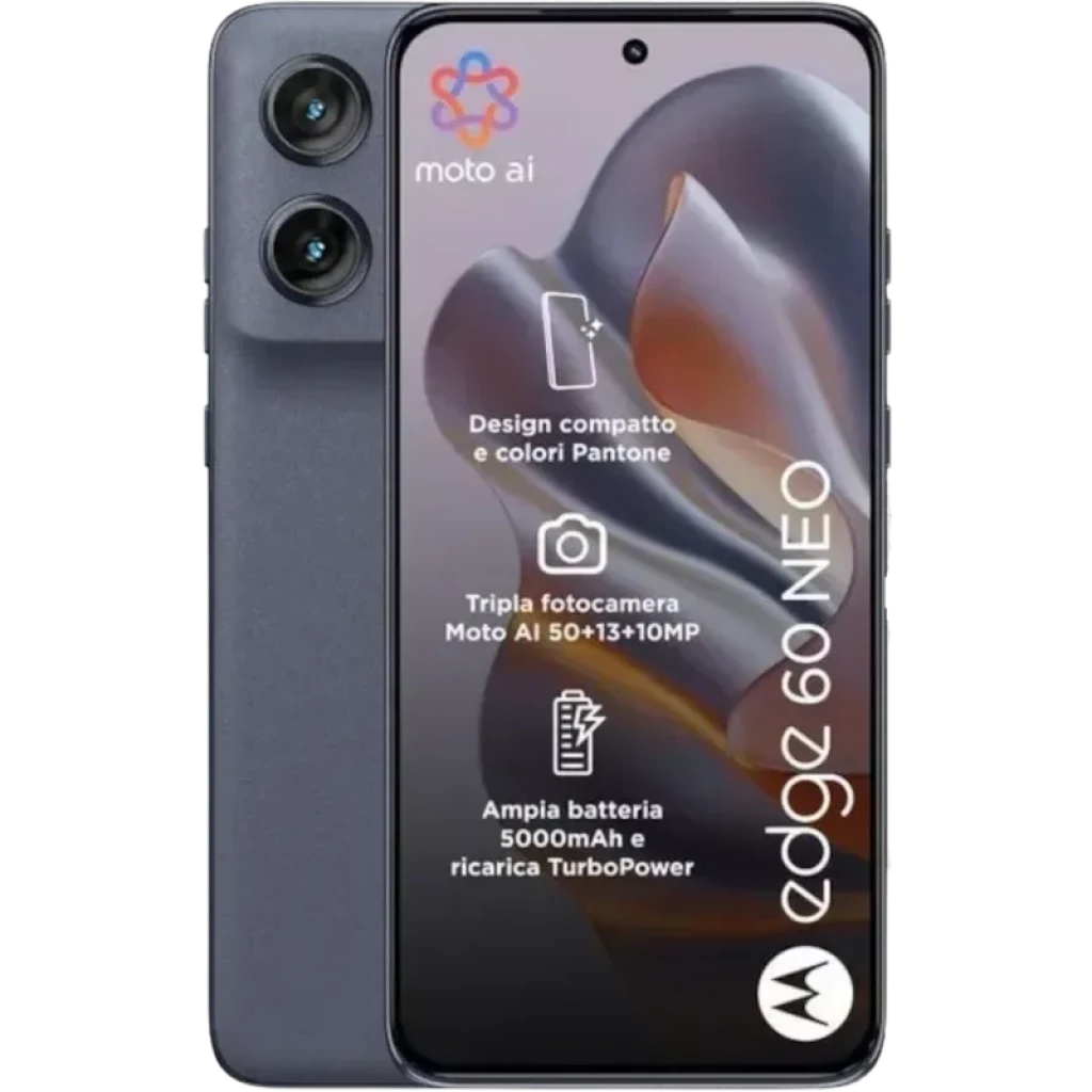Motorola Edge 60 Neo 5G Bleu Grisaille, écran pOLED HDR10+, triple caméra 50+13 MP, 12 Go RAM, étui et écouteurs Moto Buds, batterie 5000 mAh