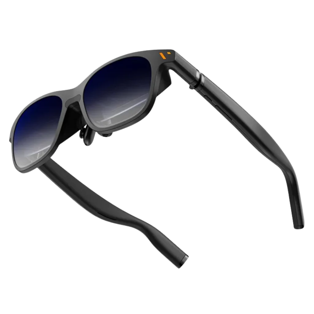 Viture Pro XR noires avec verres bleus dégradés et branches épaisses ; design moderne et léger, compatible avec le tour de cou Viture One et l'adaptateur