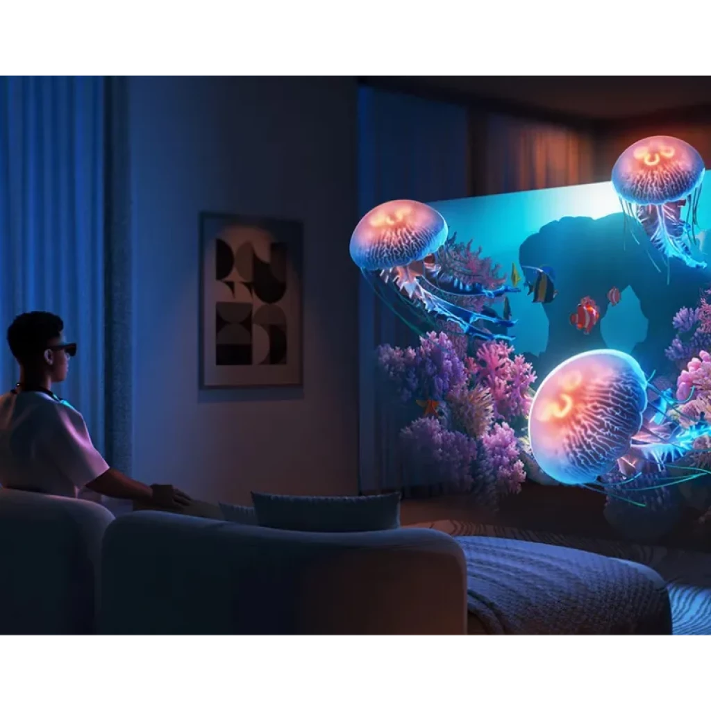 Lunettes AR avec projection 3D immersive ; méduses et coraux flottant dans une salle obscure. Adaptateur pour lunettes inclus.
