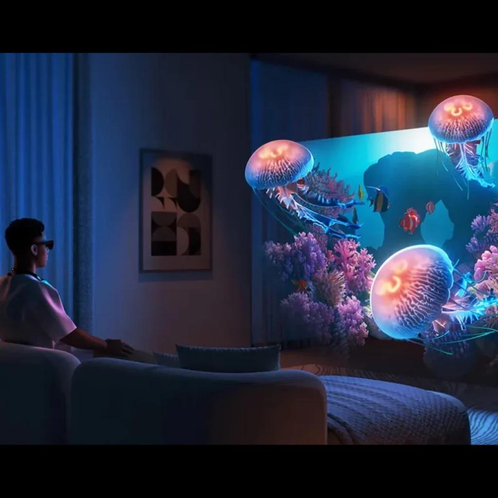 Lunettes AR avec projection 3D immersive ; méduses et coraux flottant dans une salle obscure. Adaptateur pour lunettes inclus.