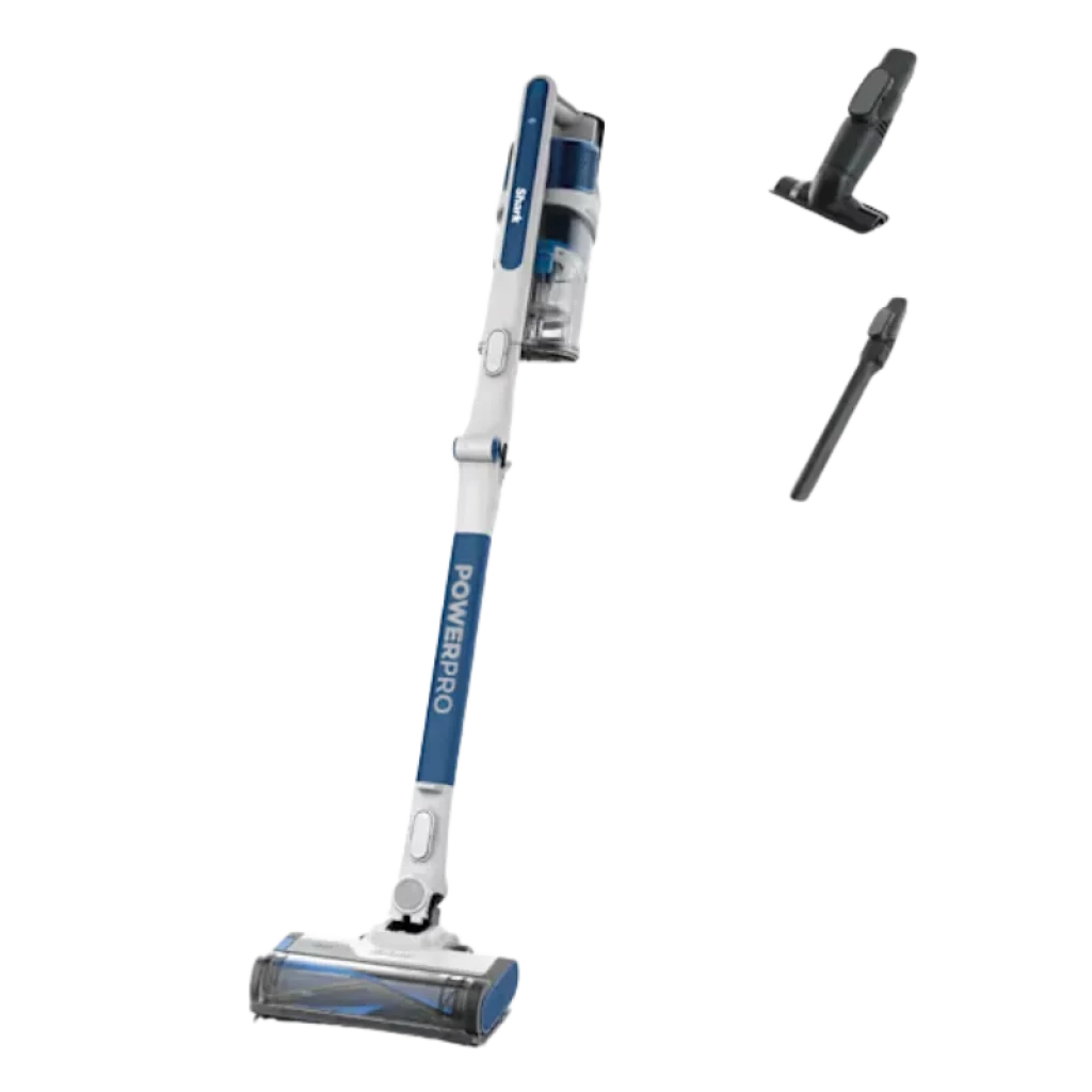 Shark PowerPro IZ380EU blanca y azul con depósito 0,7 L, 181 W, cabezal motorizado LED y accesorios boquilla y cepillo. Autonomía 50 min