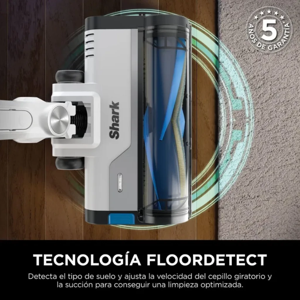 Tête Shark PowerPro avec brosse rotative et lumière LED, détection du sol et bandes bleues ; design gris et noir, bordure de tapis. Garantie 5 ans