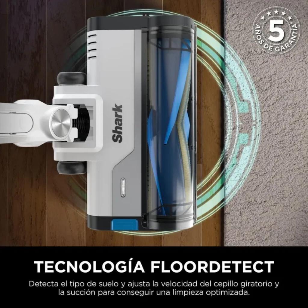 Tête Shark PowerPro avec brosse rotative et lumière LED, détection du sol et bandes bleues ; design gris et noir, bordure de tapis. Garantie 5 ans