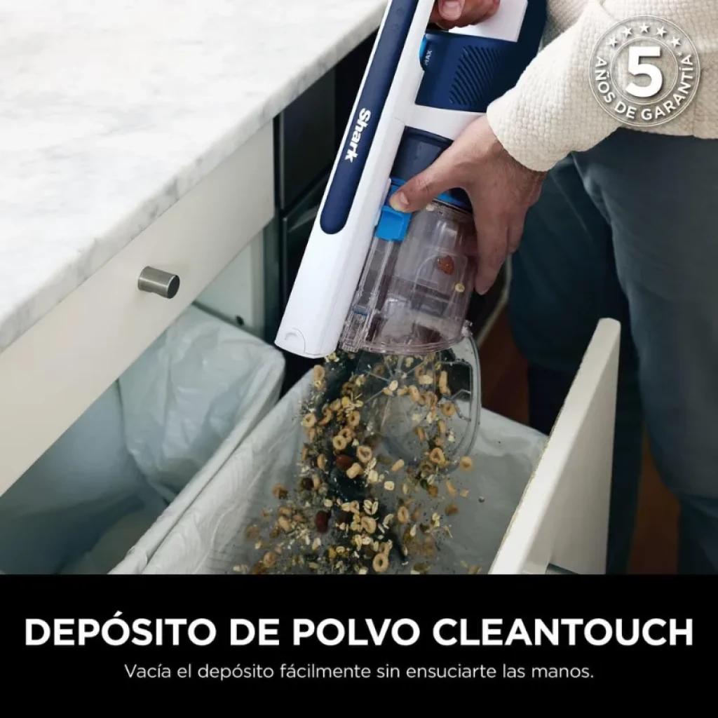 Réservoir à poussière CleanTouch transparent avec bouton de déverrouillage, vidage hygiénique directement dans la poubelle. Étiquette de garantie de 5 ans incluse dans le coin.