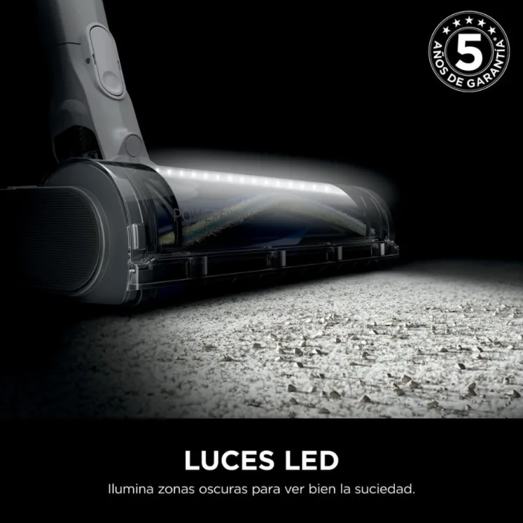 Tête d'aspirateur Shark PowerPro avec lumières LED frontales qui éclairent le sol, rouleau large et design gris pour nettoyer la saleté dans les zones sombres.