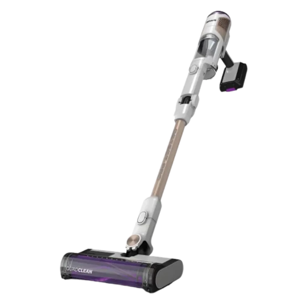 Shark IW3612EU aspirateur sans fil gris et cuivre, tête motorisée violette, réservoir visible et base de vidage automatique de 2 L, puissance 240 W