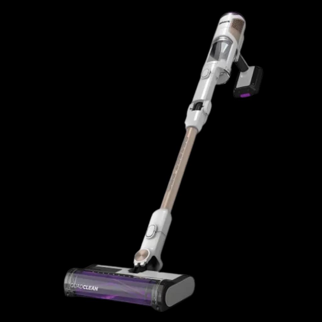 Shark IW3612EU aspirateur sans fil gris et cuivre, tête motorisée violette, réservoir visible et base de vidage automatique de 2 L, puissance 240 W