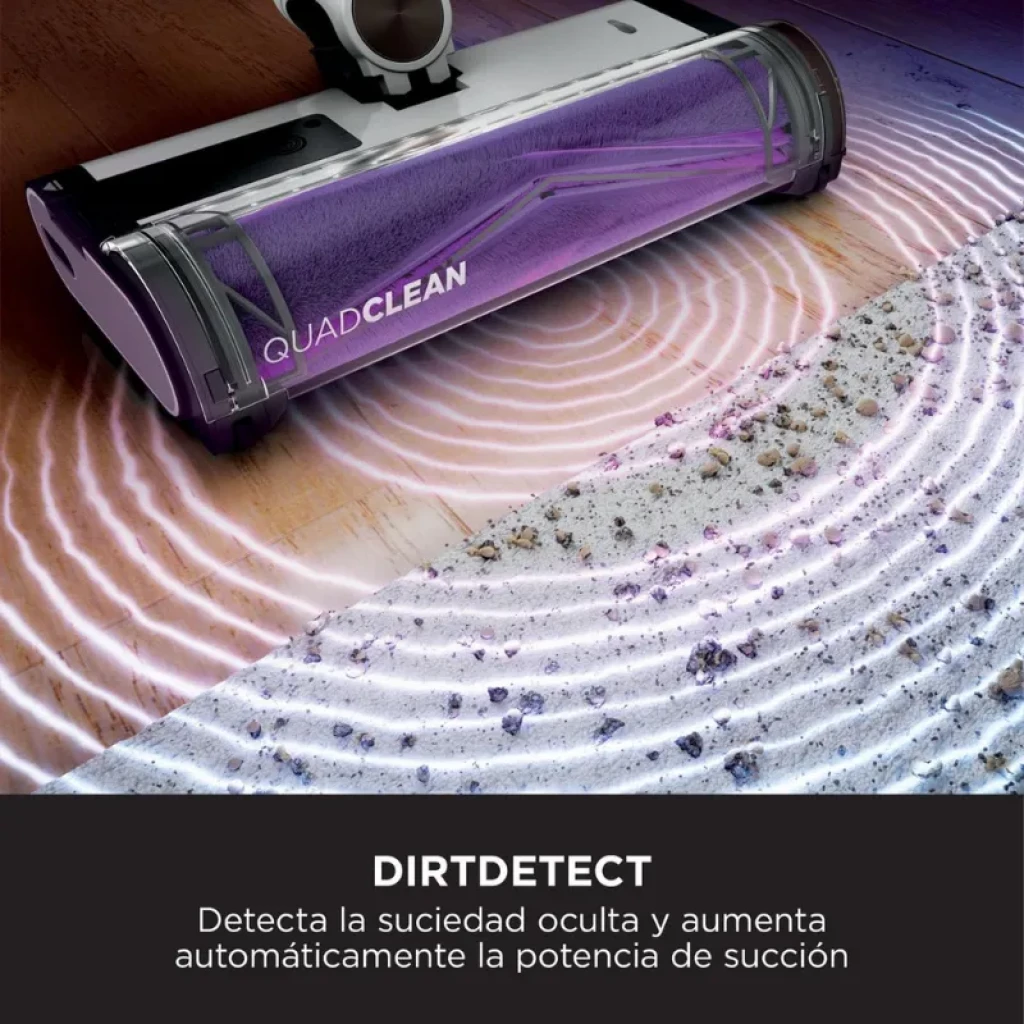 Brosse motorisée QuadClean avec lumières et capteurs DirtDetect, affichage des ondes de détection et réglage automatique de la puissance d'aspiration en fonction de la saleté présente sur le sol