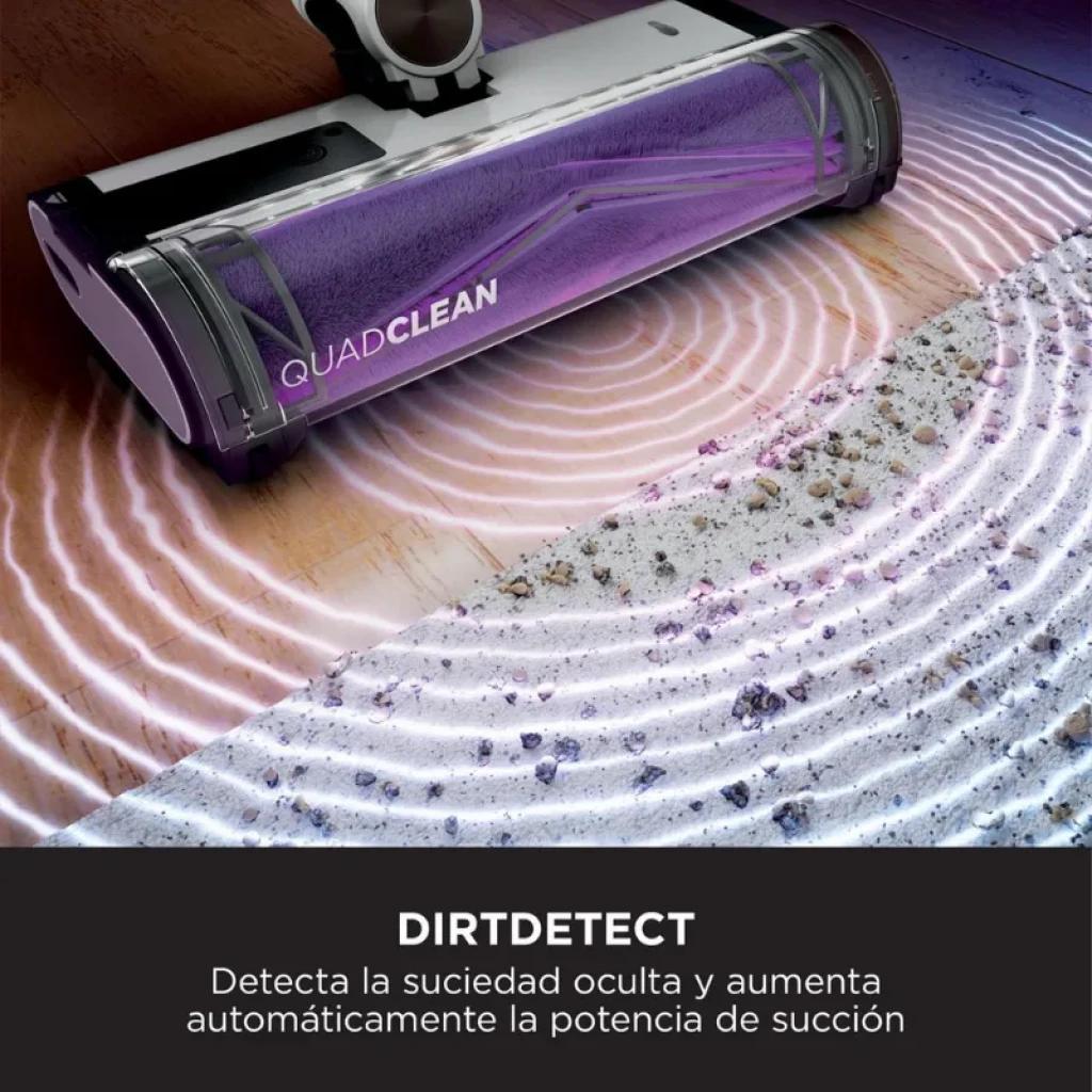 Brosse motorisée QuadClean avec lumières et capteurs DirtDetect, affichage des ondes de détection et réglage automatique de la puissance d'aspiration en fonction de la saleté présente sur le sol