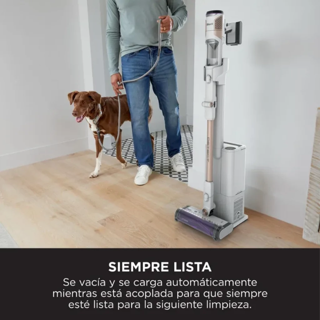 Shark IW3612EU avec base de vidage automatique 2 L et recharge, aspirateur sans fil 240 W ; design vertical blanc avec rouleau violet et support compact