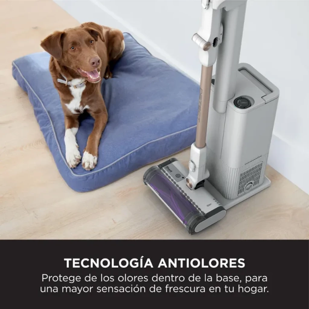 Base de vidage automatique grise de 2 litres avec technologie anti-odeurs, accompagnée d'un aspirateur sans fil Shark IW3612EU ; design vertical compact et élégant