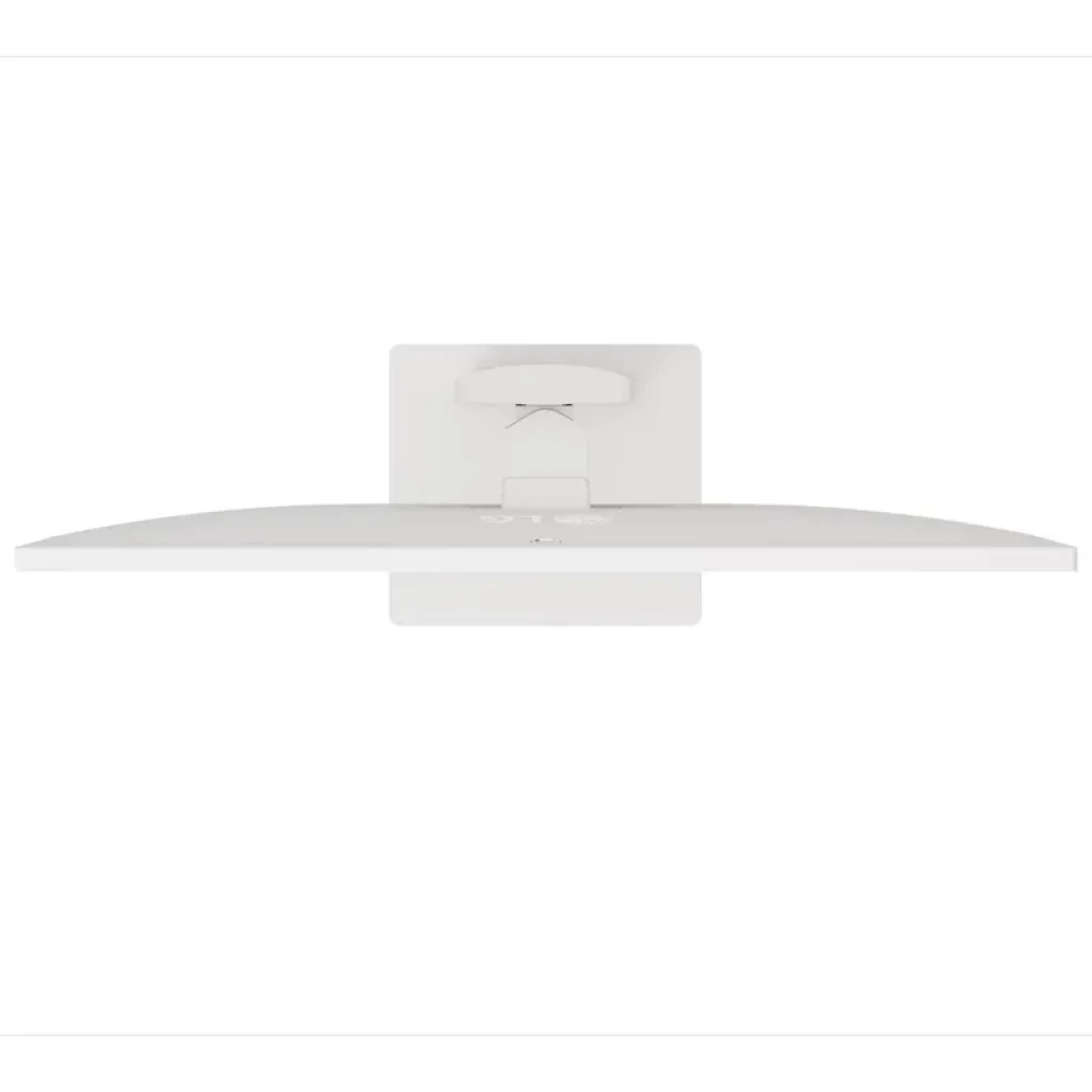 Vista superior del monitor LG 37U730SA-W 37 pulgadas blanco, diseño ultradelgado con ligera curvatura, soporte central cuadrado y gestión de cables integrada