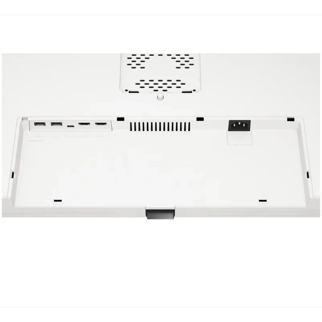 Panel trasero del monitor LG 37U730SA-W blanco con puertos HDMI, USB y DisplayPort organizados en bahía oculta y rejillas de ventilación en carcasa IPS 4K UHD