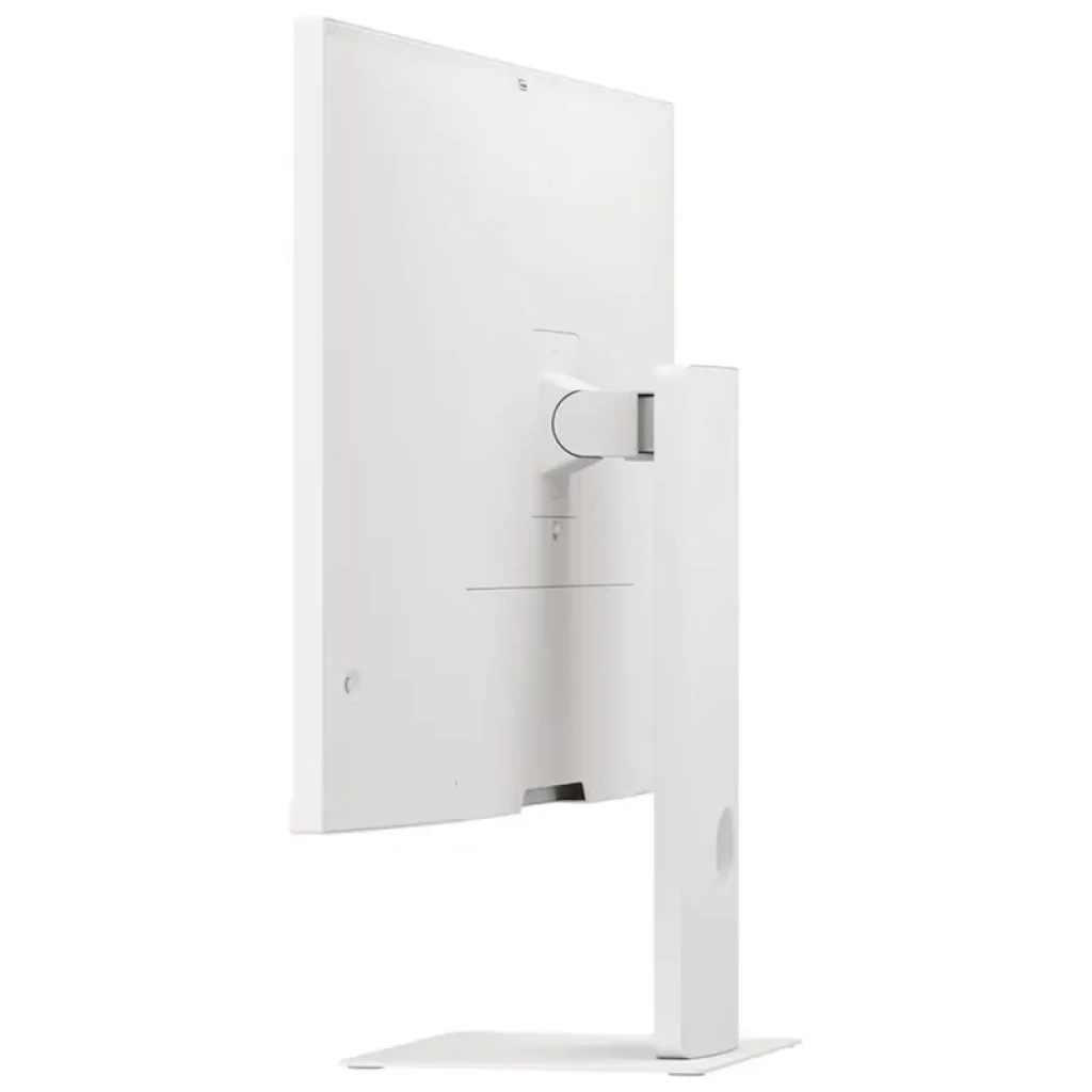 LG 37U730SA-W 37 pulgadas 4K UHD IPS en color blanco, trasera limpia con soporte ajustable robusto y gestión de cables integrada, puertos HDMI visibles