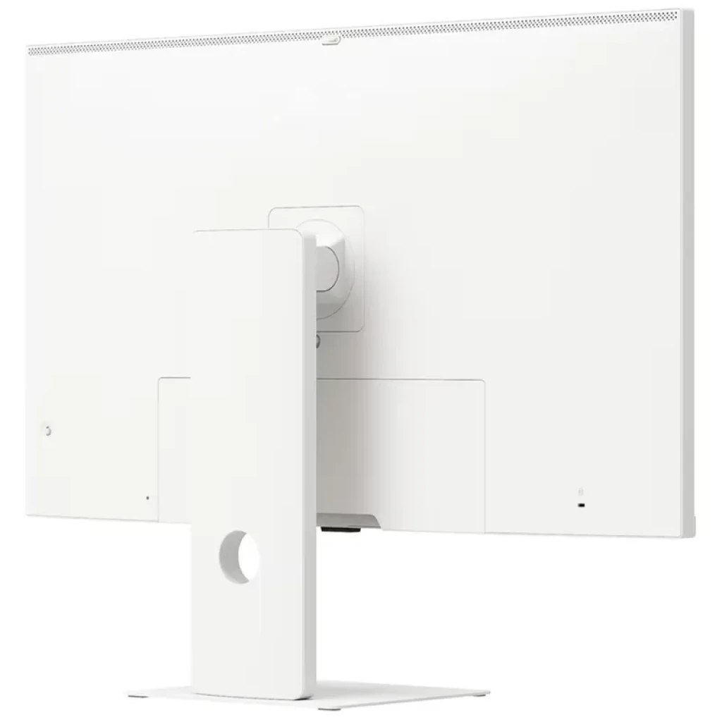 Monitor LG 37U730SA-W blanco de 37 pulgadas, panel IPS 4K UHD. Vista trasera con soporte robusto ajustable y gestión de cables, conexiones HDMI visibles.