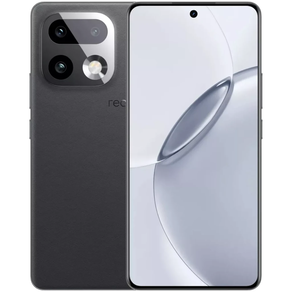 Realme 16 Pro+ cinza com tela ampla de bordas finas, câmera dupla traseira com flash grande e furo central para câmera frontal, design elegante matte