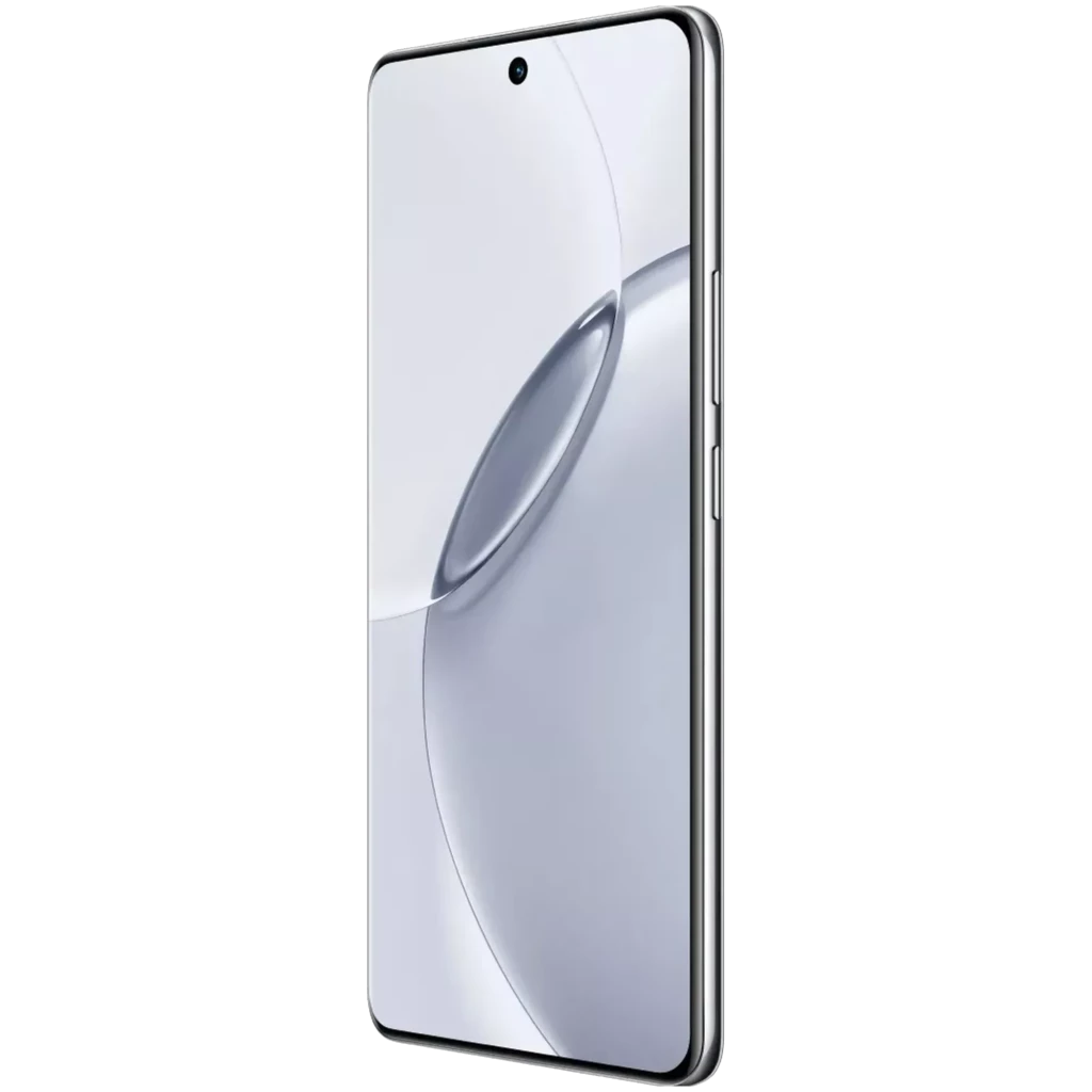 Realme 16 Pro+ cinza com tela infinita, bordas finas e câmera frontal em furo central; corpo elegante em metal e vidro, botões laterais prateados