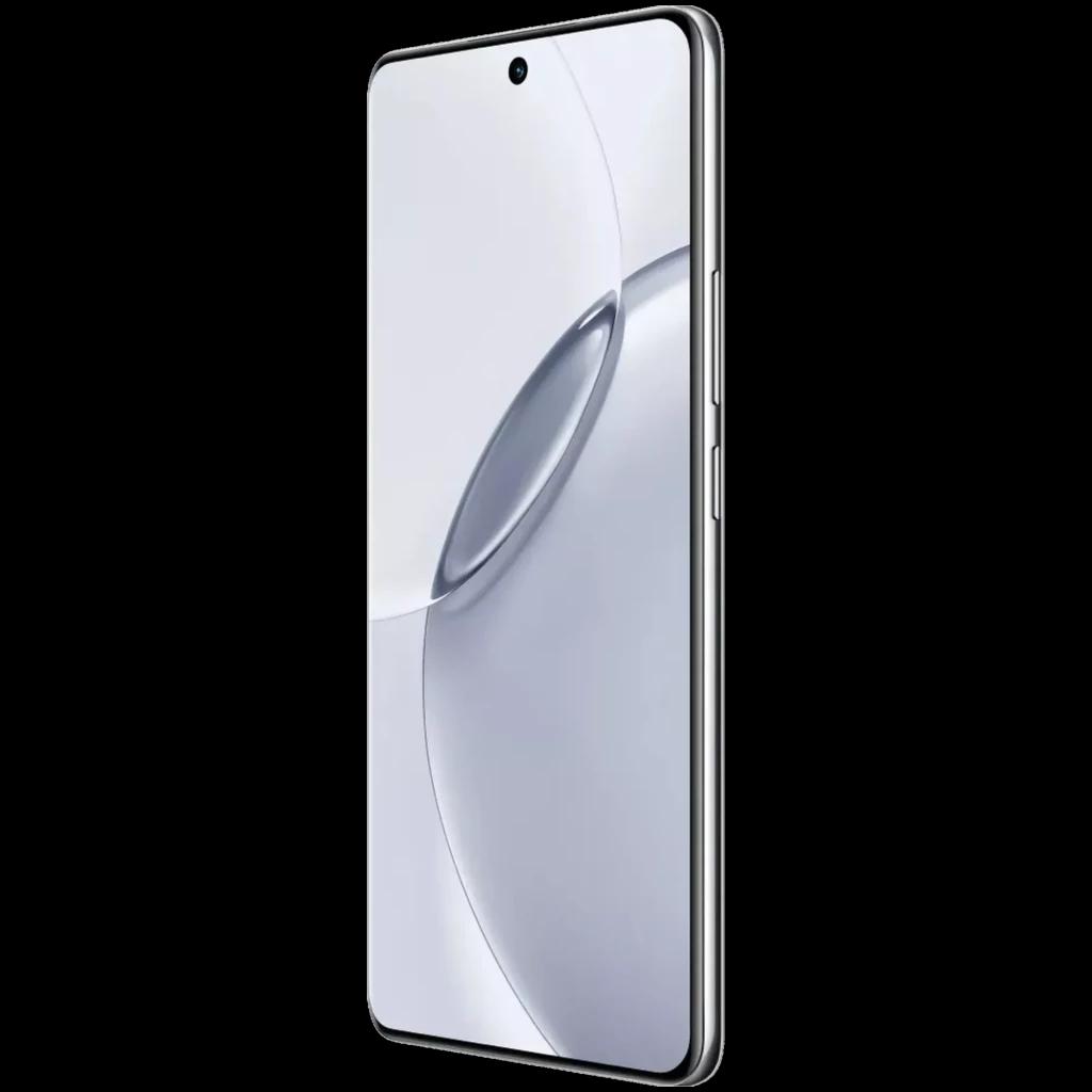 Realme 16 Pro+ cinza com tela infinita, bordas finas e câmera frontal em furo central; corpo elegante em metal e vidro, botões laterais prateados