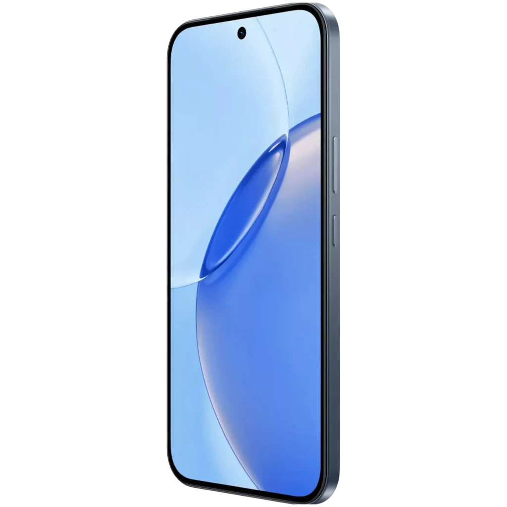 Smartphone Realme 16 Pro 5G gris con pantalla casi sin marcos, cámara frontal en orificio central, bordes rectos y botones laterales de volumen y encendido