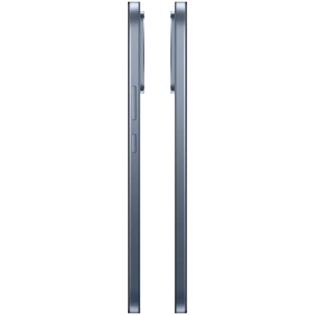 Borde lateral gris del Realme 16 Pro 5G con marco metálico, botón de volumen y tecla de encendido, módulo de cámara sobresaliente en la parte superior