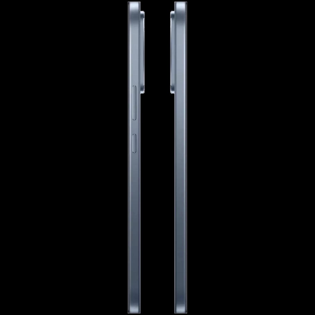 Borde lateral gris del Realme 16 Pro 5G con marco metálico, botón de volumen y tecla de encendido, módulo de cámara sobresaliente en la parte superior