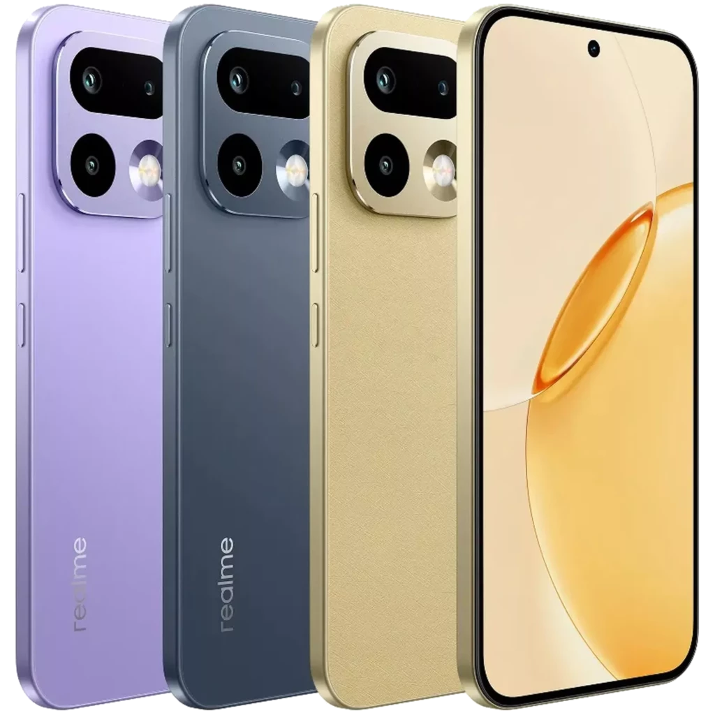 Realme 16 Pro 5G lilás com traseira fosca, módulo de câmera dupla com flash circular, tela perfurada bordas finas; design elegante e moderno