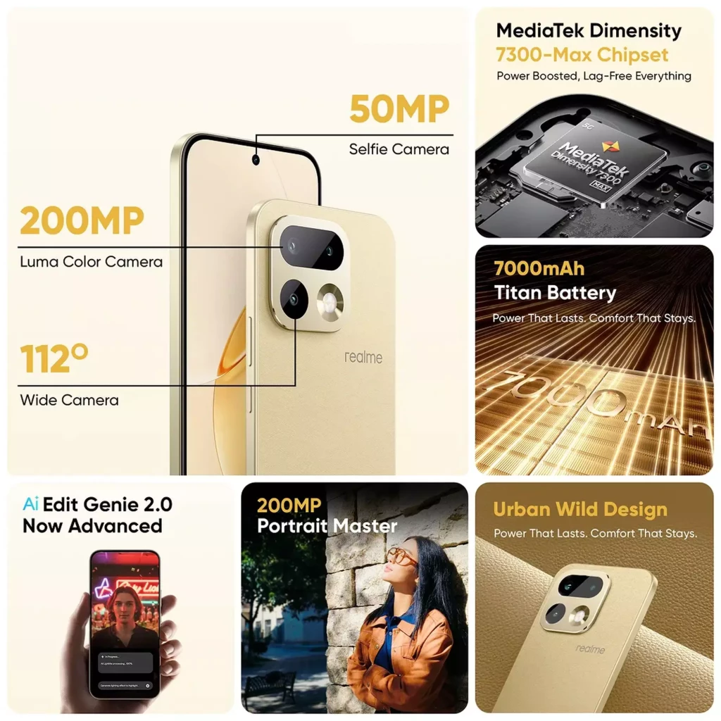 Realme 16 Pro 5G lilás com módulo de câmeras LumaColor: sensor 200MP, ultra wide 112°, selfie 50MP, design premium e bateria 6500 mAh; 8 GB RAM, 512 GB