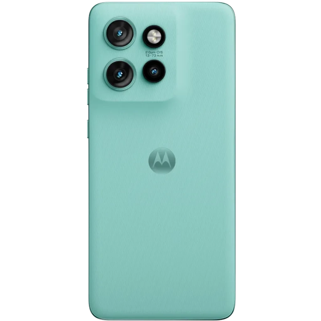 Smartphone Motorola Edge 60 Neo 5G en color Frostbite con triple cámara trasera y módulo elevado, acabado mate y logo central de Motorola
