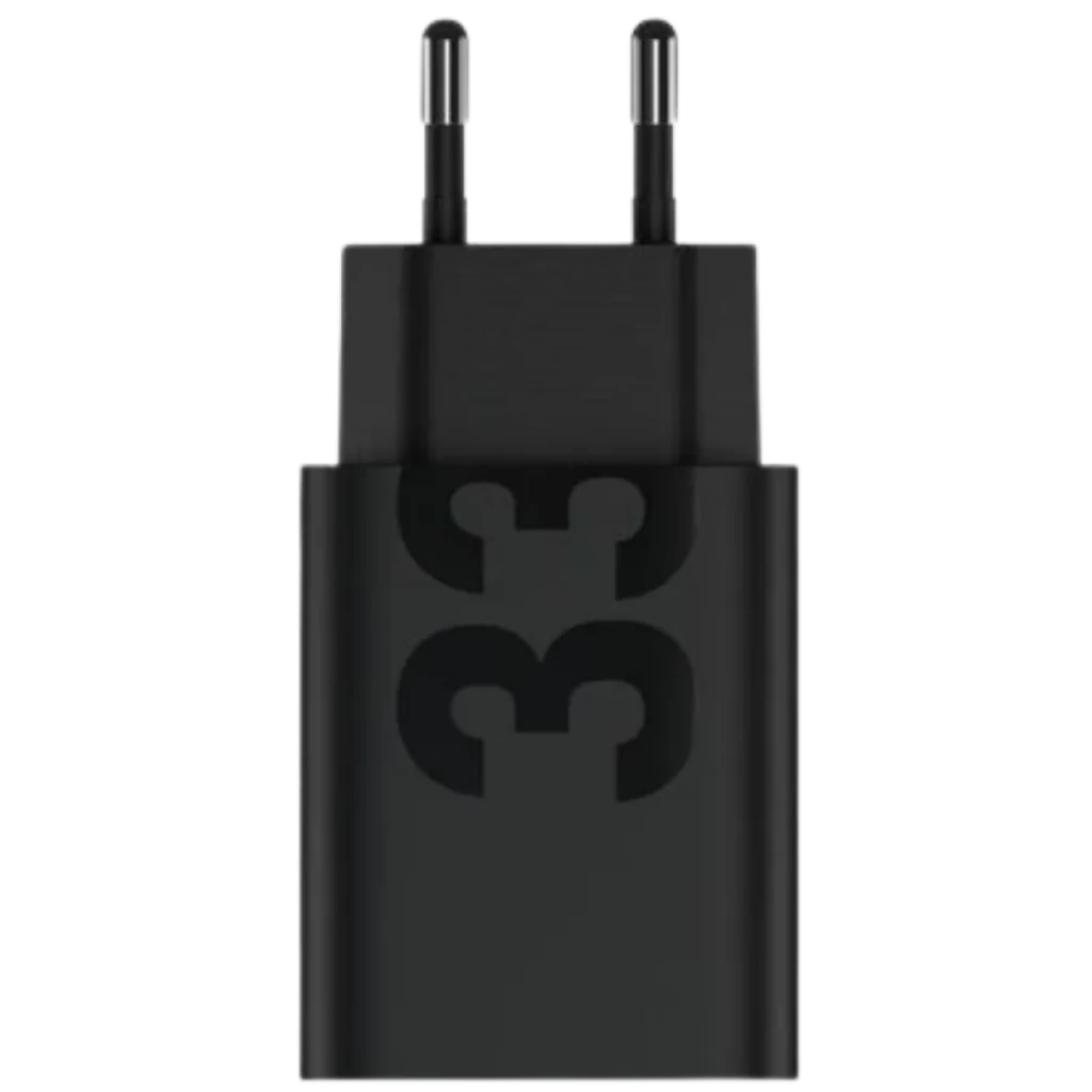 Bloc chargeur noir compact 33 W avec prises EU et marquage 33, finition mate, conçu pour charge rapide; compatible universel, câble 1 m inclus