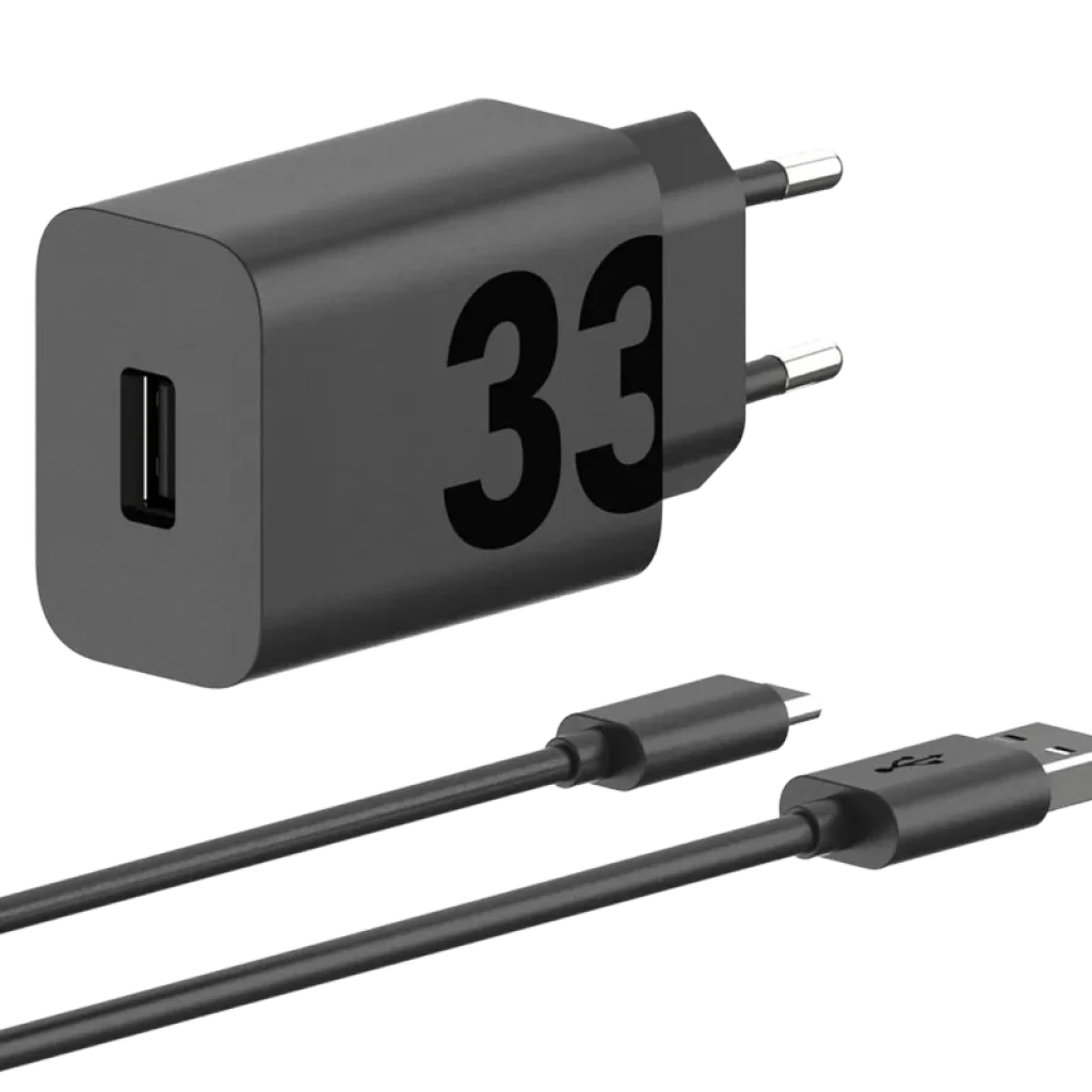 Chargeur mural noir 33 W avec prise EU, port USB‑C unique et câble USB‑A vers USB‑C 1 m, design compact et chiffres 33 visibles sur le bloc