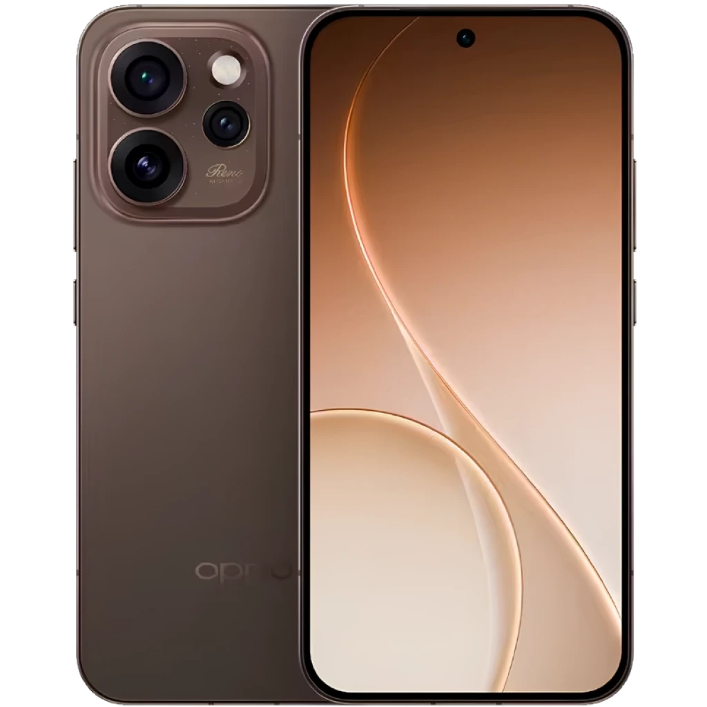 Oppo Reno15 Pro Max 5G marrón con pantalla 6.78 casi sin bordes, cámara frontal en orificio central y módulo trasero triple grande con anillo metálico