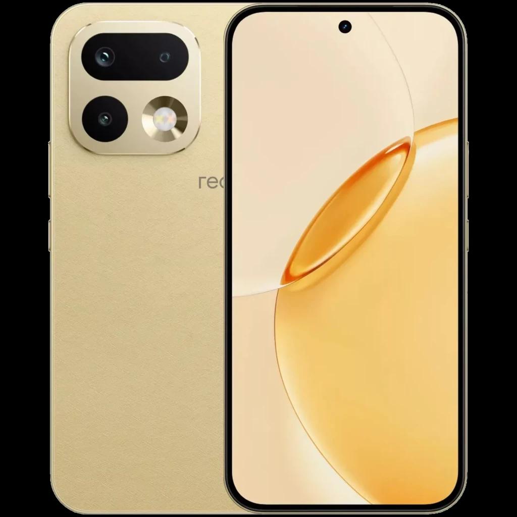 Realme 16 Pro 5G dorado con pantalla de 6.78 pulgadas, doble cámara trasera con flash circular, frontal con perforación central y bordes delgados